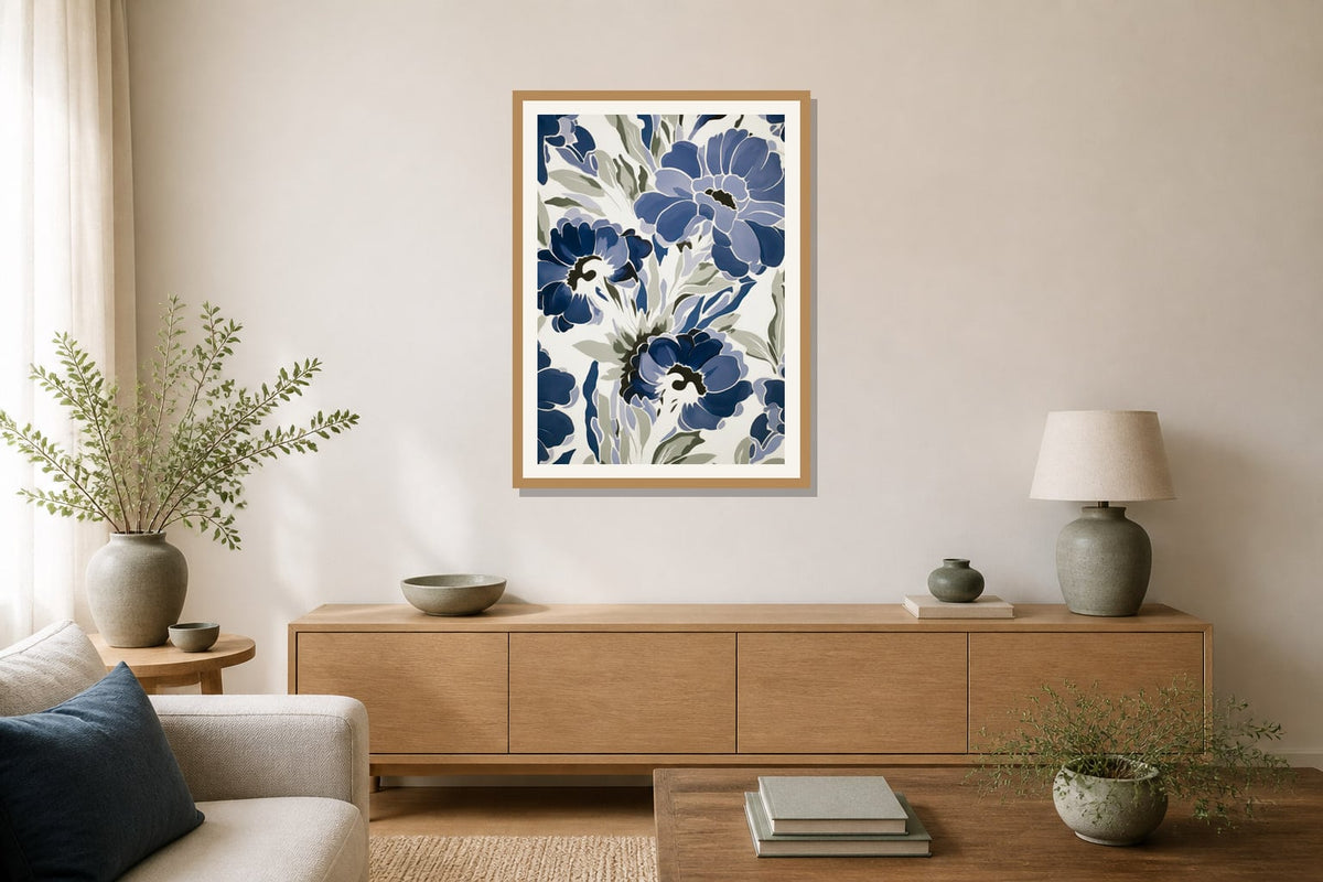 Indigo Floral Pattern Print print displayed in a living room matched to its indigo blue, warm white, muted green palette