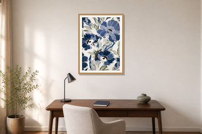 Indigo Floral Pattern Print print displayed in a home office matched to its indigo blue, warm white, muted green palette
