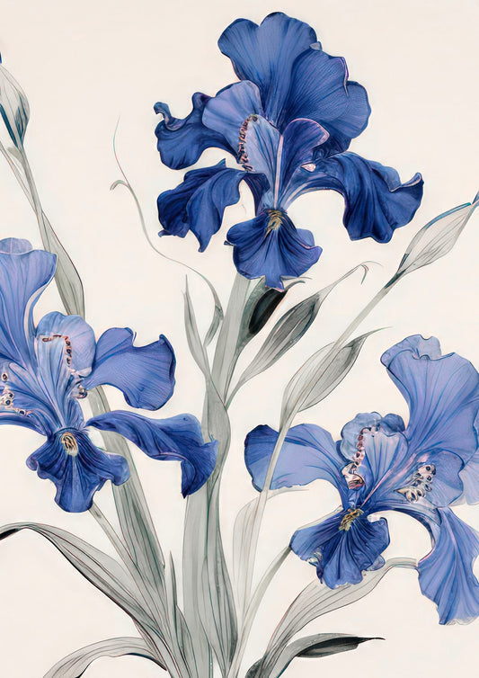 A loose indigo iris opens across a warm white ground with gray-green stem details