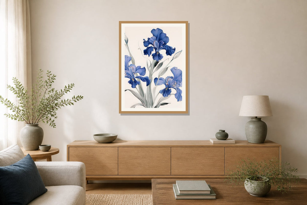 Indigo Iris Print print displayed in a living room matched to its indigo blue, warm white, muted green palette
