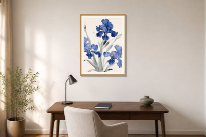 Indigo Iris Print print displayed in a home office matched to its indigo blue, warm white, muted green palette