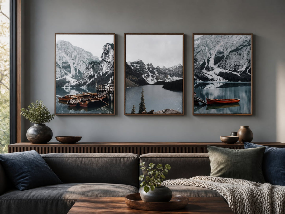 Mountain lake and boats triptych in a slate, walnut, and charcoal den