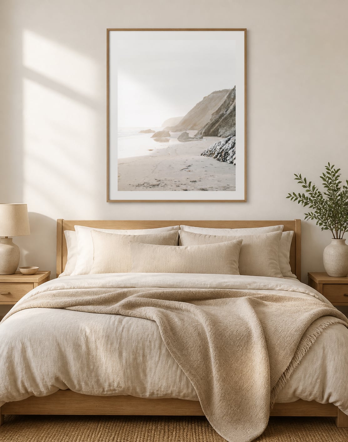 Neutral coastal cliff print in a soft ivory bedroom with sand linen and pale oak