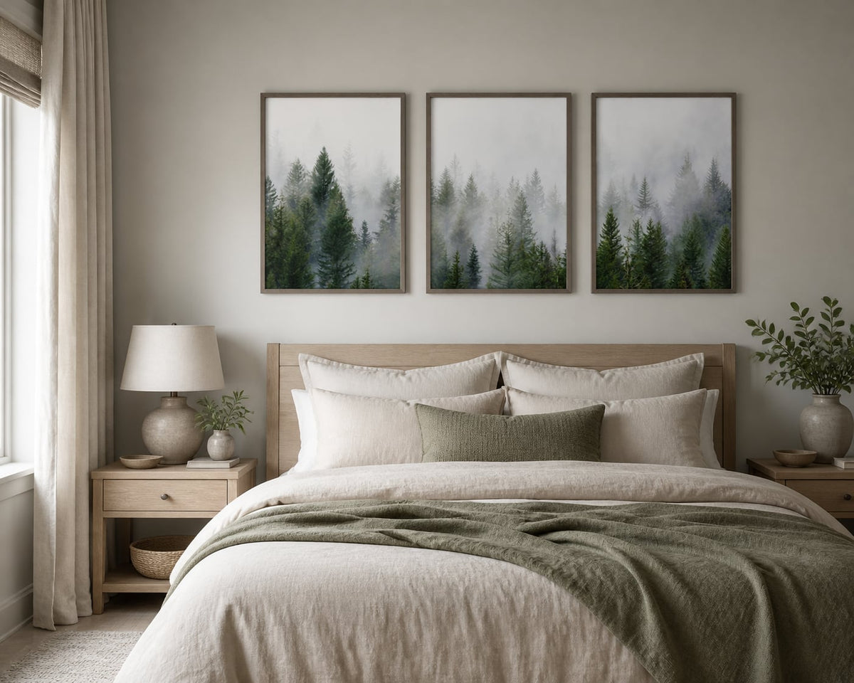 Misty evergreen triptych above a soft gray bed with muted sage accents