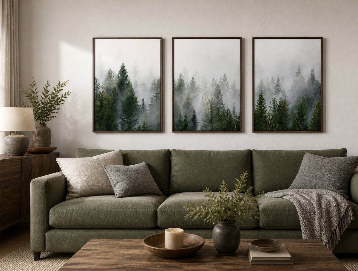 Misty evergreen triptych in a sage and walnut living room