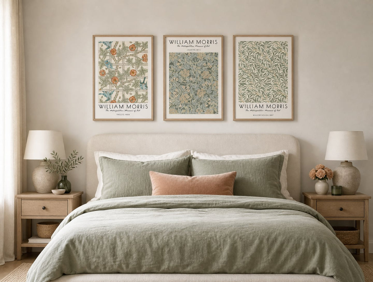 Botanical archive triptych above a cream bed with sage and peach accents