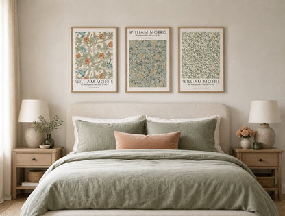 Botanical archive triptych above a cream bed with sage and peach accents