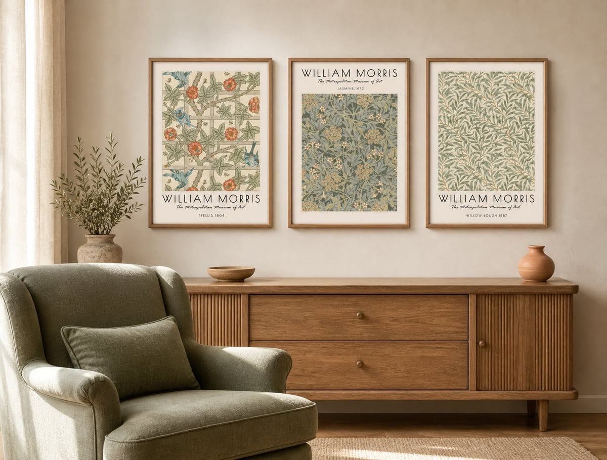 Botanical archive triptych in a sage reading room with honey-oak furniture