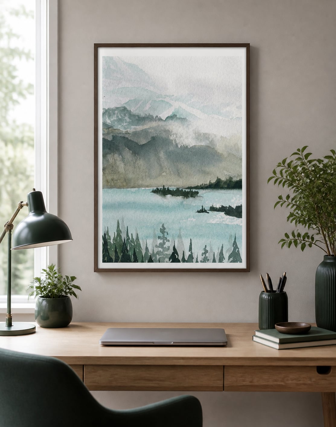 Layered green-blue lake print in a warm gray office with deep green accents