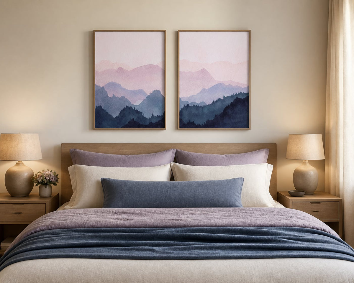 Blush and navy mountain-ridges pair above an ivory and lilac bed