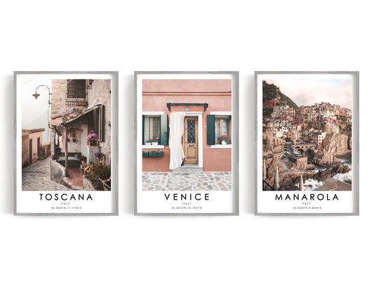 Three travel-style prints with old streets, warm facades, and a coastal town