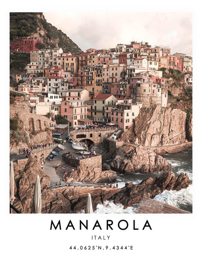 Coastal hillside town with blue water and travel-poster text