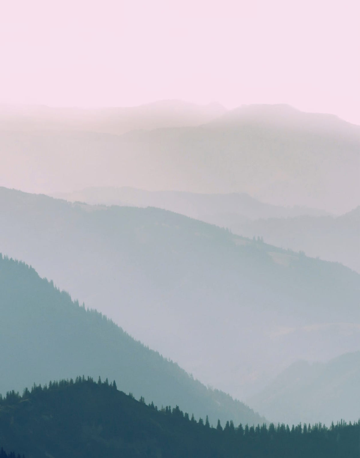 Three layered blue-green mountain panels beneath a pale pink horizon, panel 2 of 3