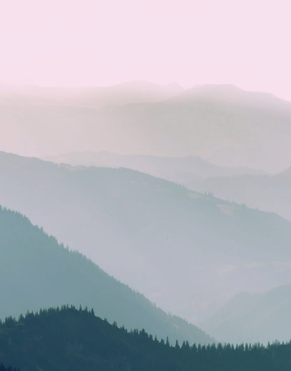 Three layered blue-green mountain panels beneath a pale pink horizon, panel 2 of 3