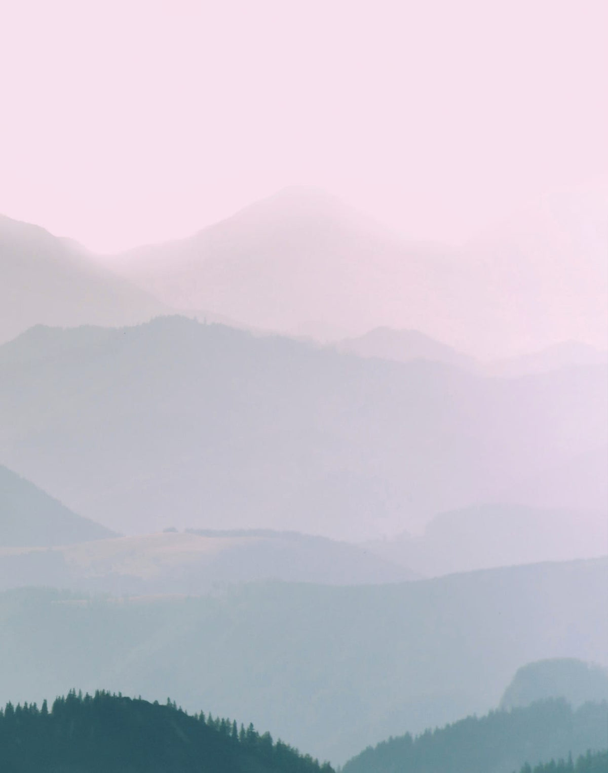 Three layered blue-green mountain panels beneath a pale pink horizon, panel 3 of 3