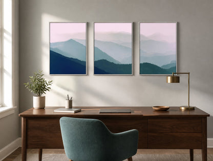 Layered Blue Mountains Trio displayed in a palette-matched home office