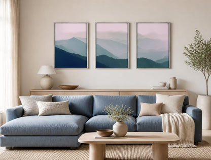 Layered Blue Mountains Trio displayed in a palette-matched living room