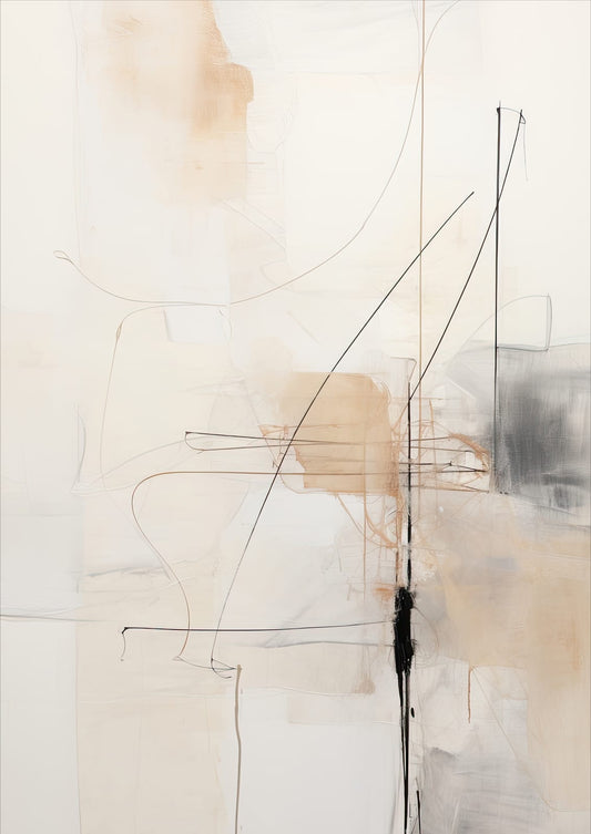 Fine black lines and pale beige blocks cross a warm ivory abstract field