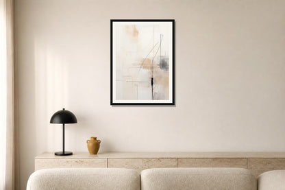 Linear Veil Abstract Print print displayed in a living room matched to its warm ivory, black, ochre palette