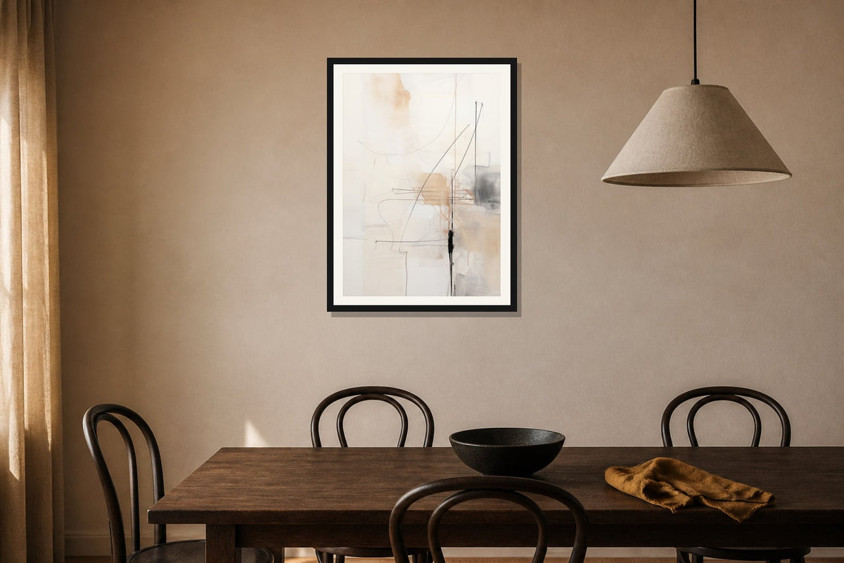 Linear Veil Abstract Print print displayed in a dining room matched to its warm ivory, black, ochre palette