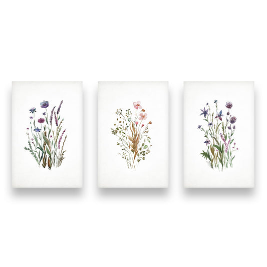 Loose Watercolor Wildflowers Trio showing three loose watercolor wildflower studies vary plum, pink, green, and muted.
