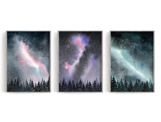 Three luminous night-sky panels in violet, pink, teal, and indigo above a forest line
