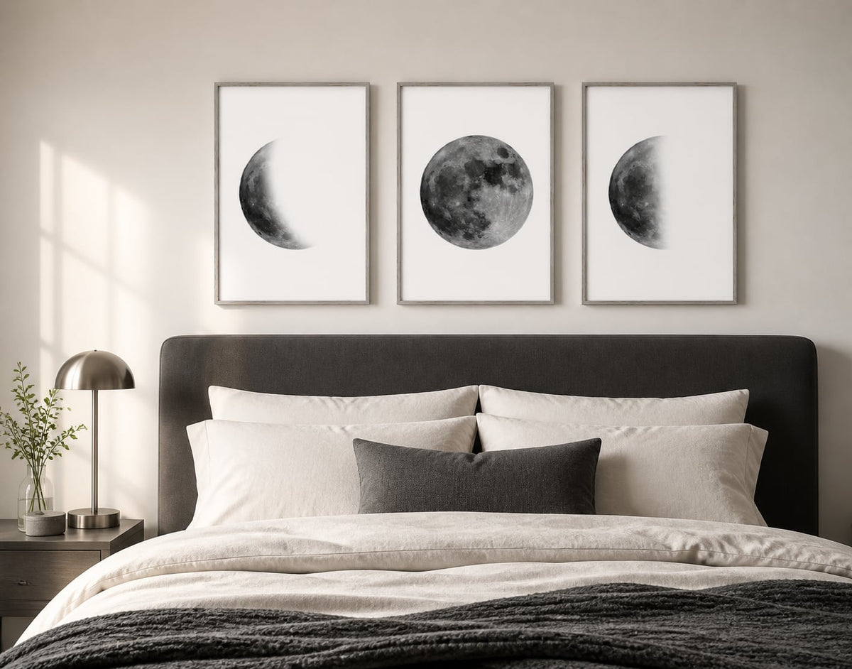 Lunar Phases Monochrome Trio displayed in a palette-matched bedroom
