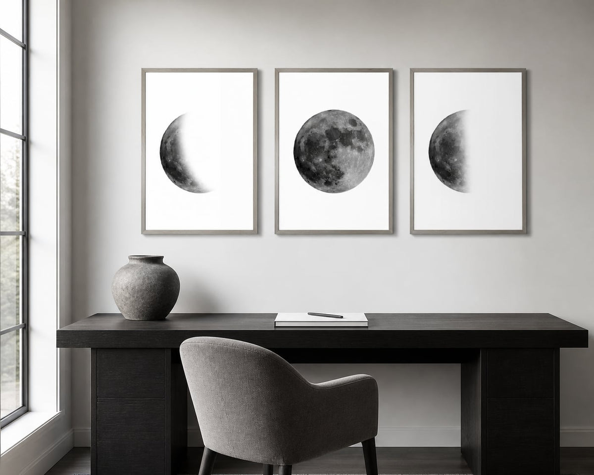 Lunar Phases Monochrome Trio displayed in a palette-matched home office