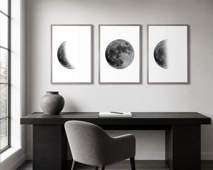Lunar Phases Monochrome Trio displayed in a palette-matched home office