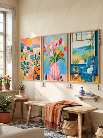 Mediterranean Color Story Trio showing three colorful illustrations pair a sunlit Mediterranean village, striped tulips.