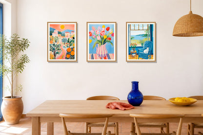 Mediterranean Color Story Trio trio displayed in a dining room matched to its cobalt blue, sunny yellow, coral palette