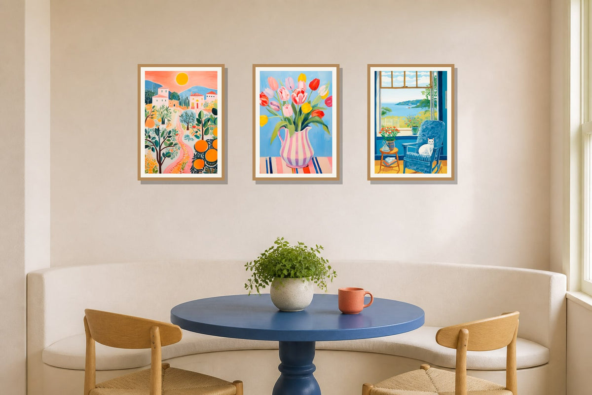 Mediterranean Color Story Trio trio displayed in a breakfast nook matched to its cobalt blue, sunny yellow, coral palette