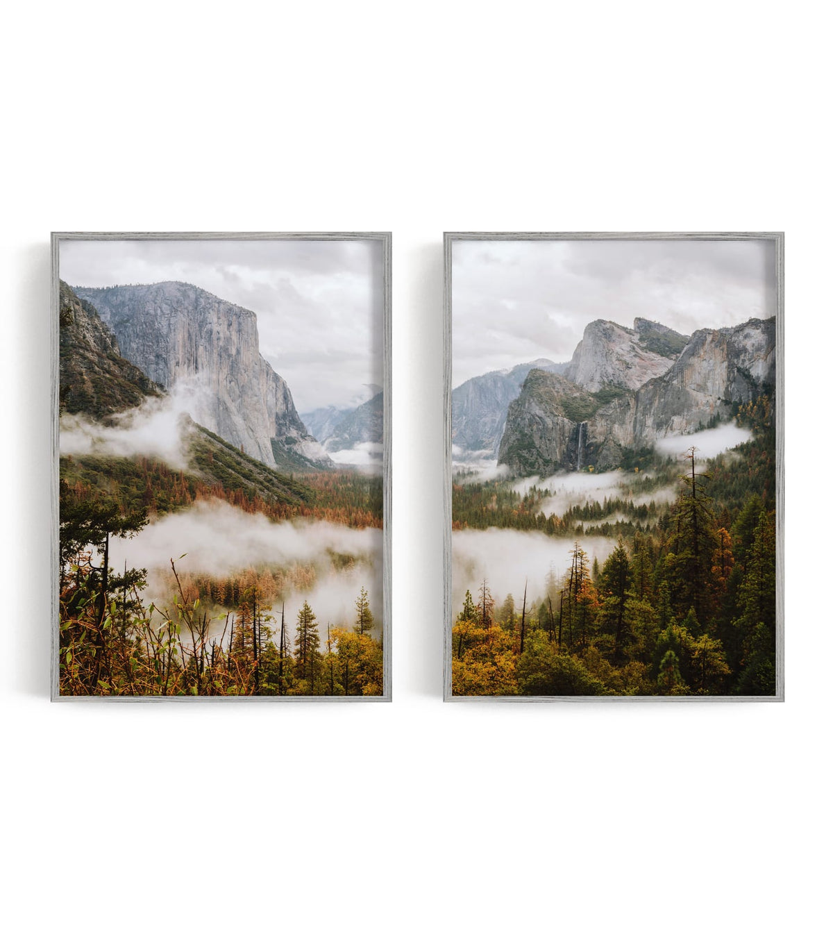 Two blue-gray mountain valley prints with pale sky and dark layered ridges