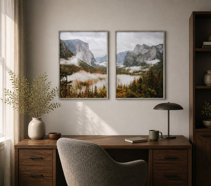 Mist Valley Mountain Pair displayed in a palette-matched home office
