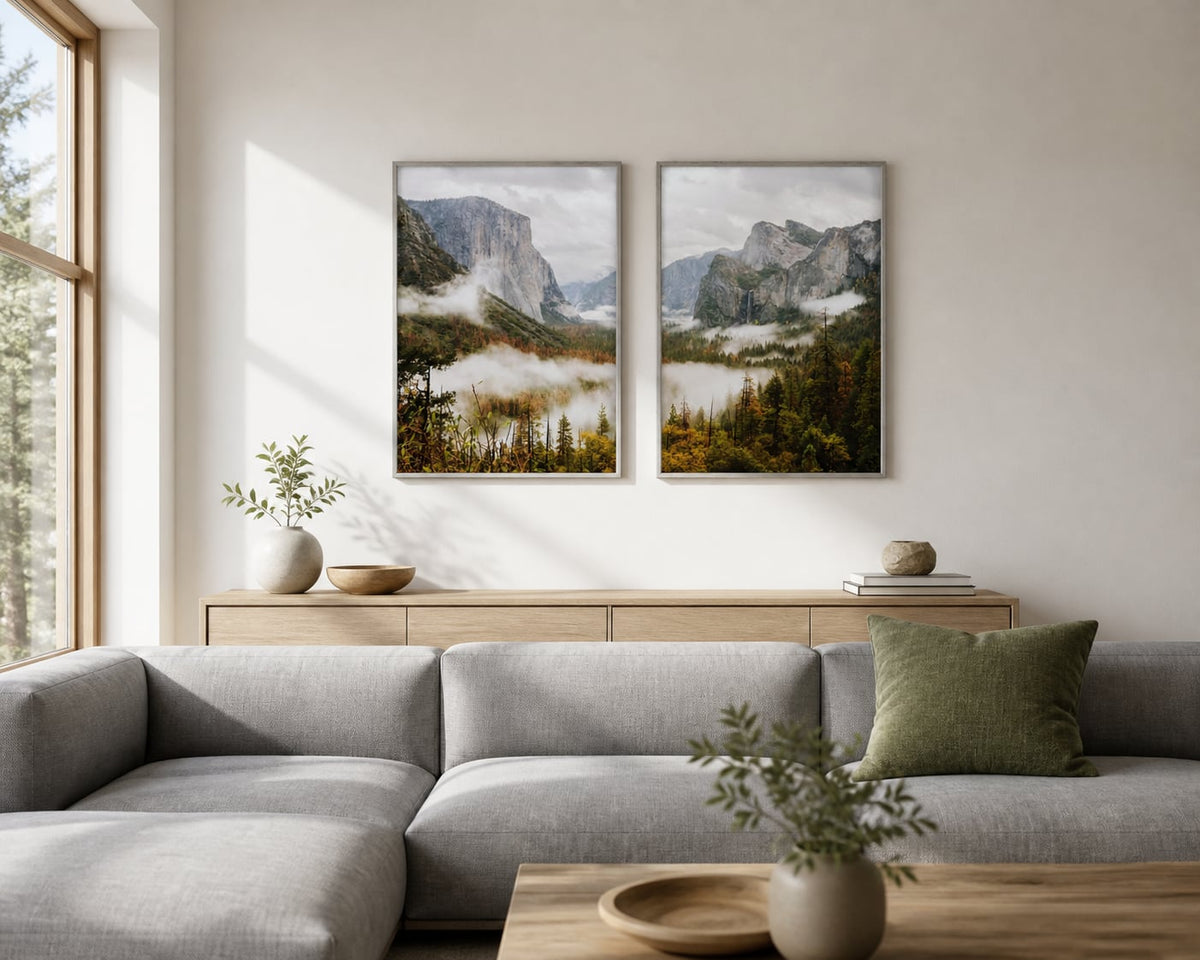 Mist Valley Mountain Pair displayed in a palette-matched living room