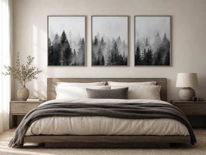 Mistbound Evergreen Forest Trio displayed in a palette-matched bedroom