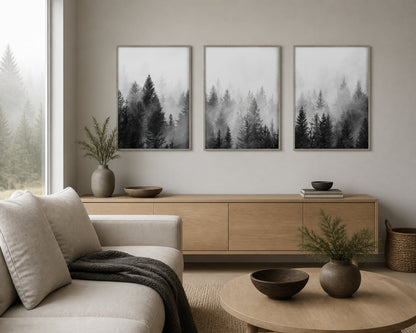 Mistbound Evergreen Forest Trio displayed in a palette-matched living room