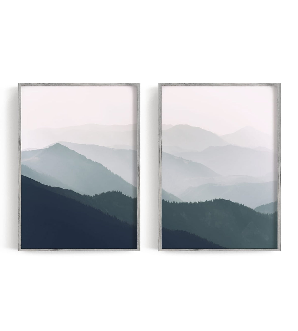 Two blue-gray mountain ridge prints displayed as a coordinated pair