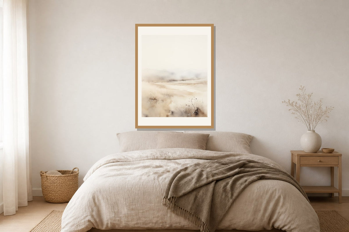 Misty Shore Grasses Print print displayed in a bedroom matched to its warm white, sand, taupe palette