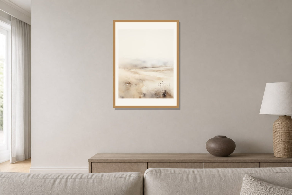 Misty Shore Grasses Print print displayed in a living room matched to its warm white, sand, taupe palette