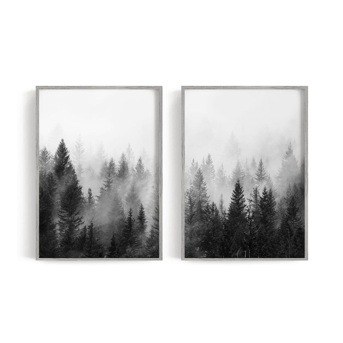 Two black-and-white misty forest prints displayed as a pair