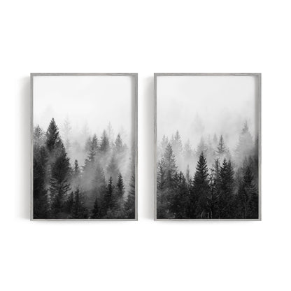 Two black-and-white misty forest prints displayed as a pair