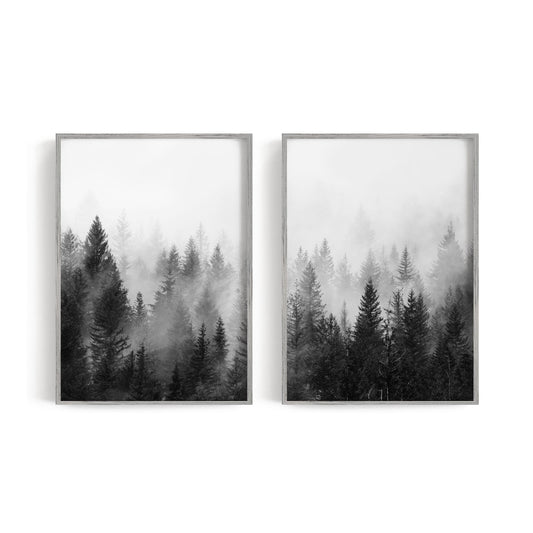 Two black-and-white misty forest prints displayed as a pair
