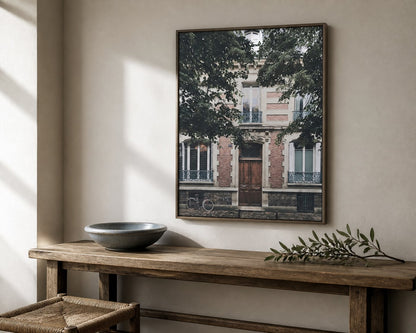 Montmartre Doorway Print in a pale entryway with weathered oak and blue gray accents
