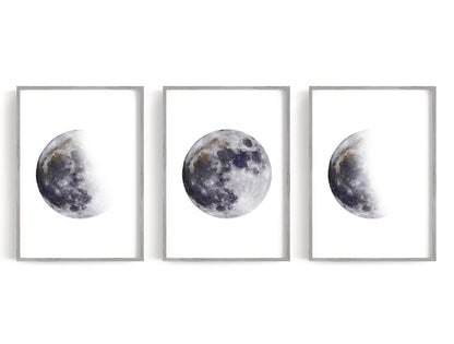 Three monochrome panels with alternating illuminated moon phases