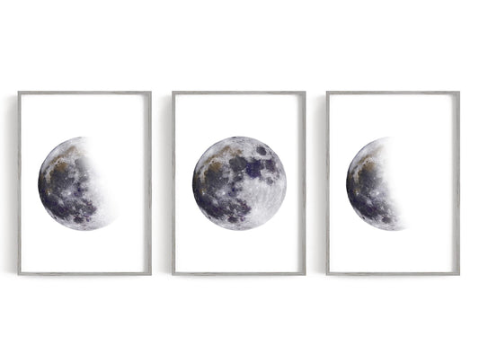 Three monochrome panels with alternating illuminated moon phases
