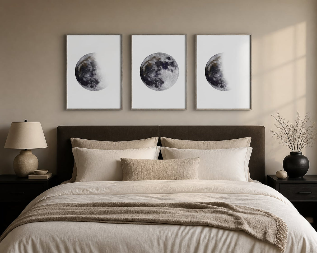 Moonlight Phases Trio displayed in a palette-matched bedroom