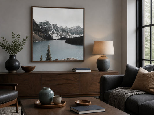 Cool mountain-lake print in a walnut and charcoal den