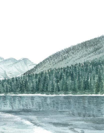 Watercolor-style mountain lake with blue water and dark trees