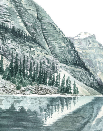 Watercolor-style mountain lake with a forested shoreline